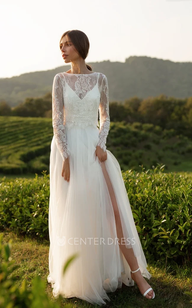 Bateau Neck Two-piece A-Line Tulle Lace Elegant Long Sleeve Wedding Bride Dress with Sweep Train Button Back