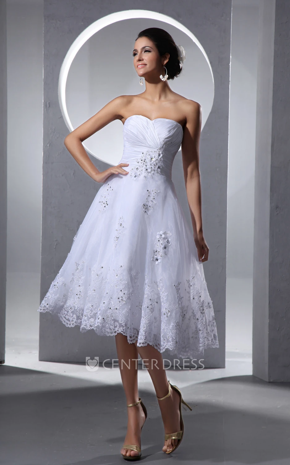 A-Line Crisscross Front Tea Length Lace Wedding Dress With Lace Appliques