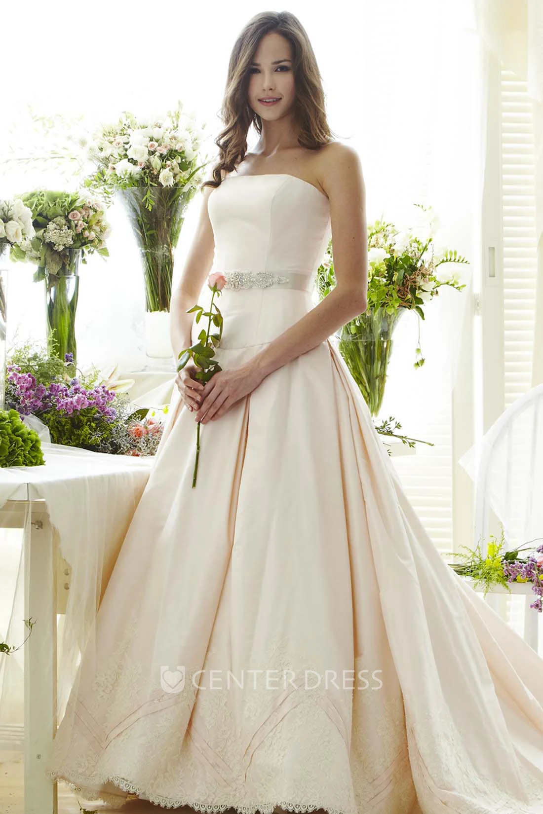 Strapless Maxi Jeweled Bowed Satin Wedding Dress With Appliques