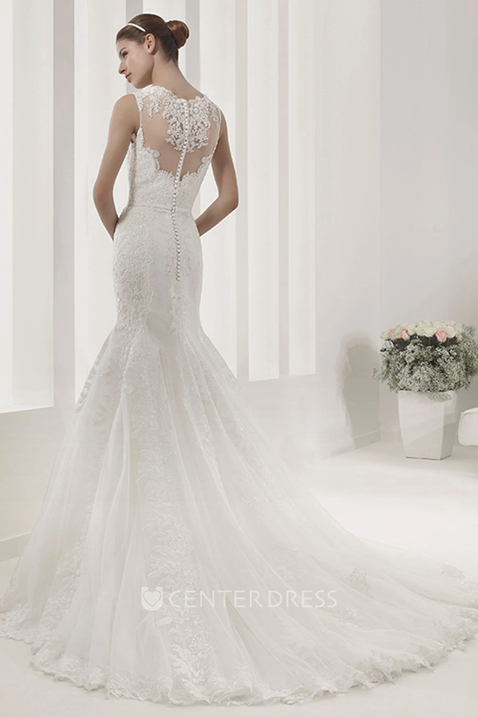 Illusion High Neck Lace Mermaid Gown With Belt And Pearl Details