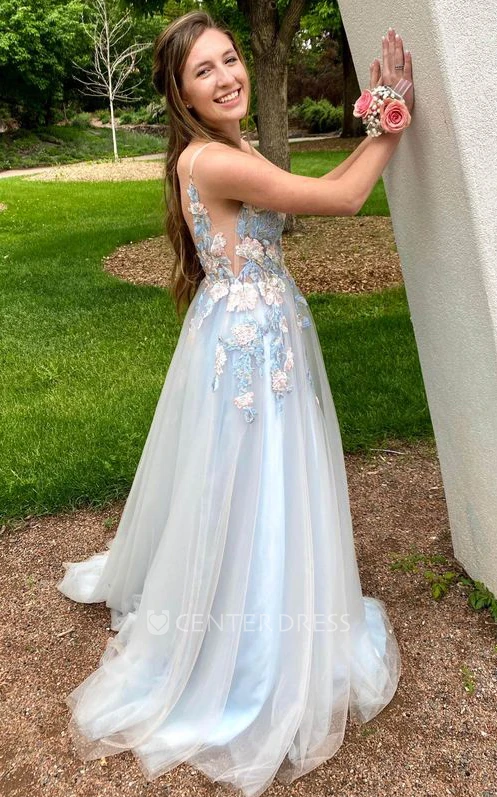 Plunging Neckline Tulle A-Line Casual Guset Dress With Open Back And Appliques