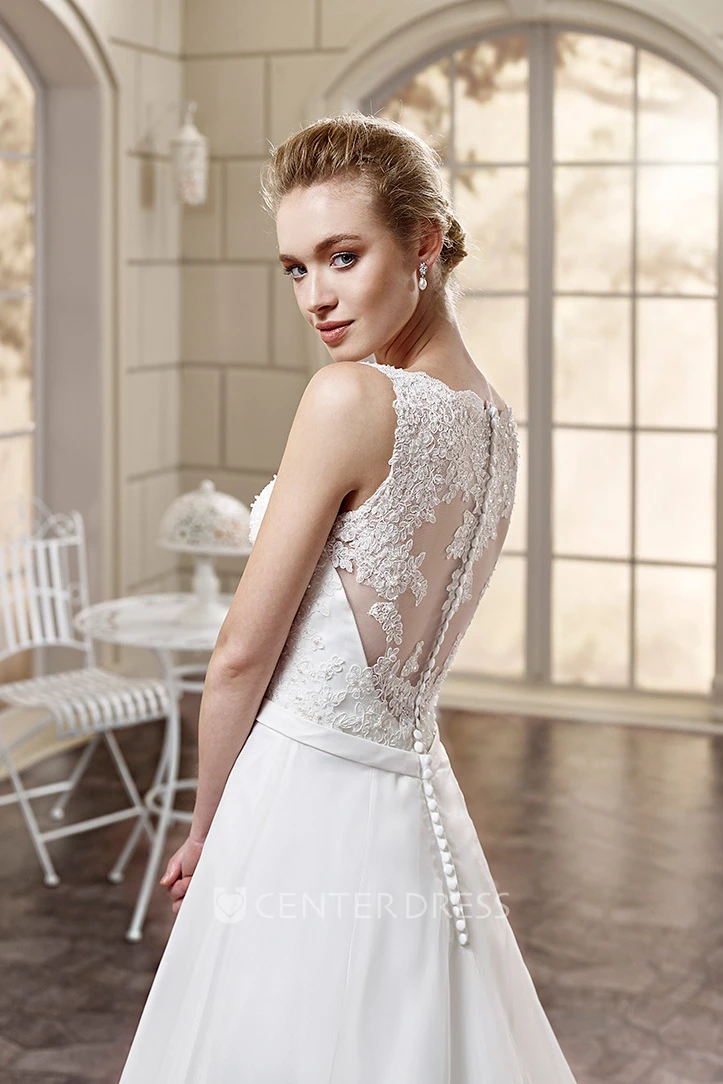 A-Line Floor-Length Appliqued V-Neck Sleeveless Lace&Satin Winter Wedding Dress With Waist Jewellery