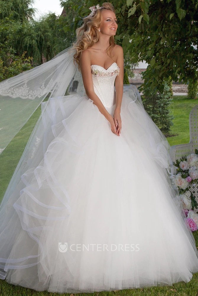 Maxi Sweetheart Floral Draped Tulle Wedding Dress With Chapel Train And Corset Back