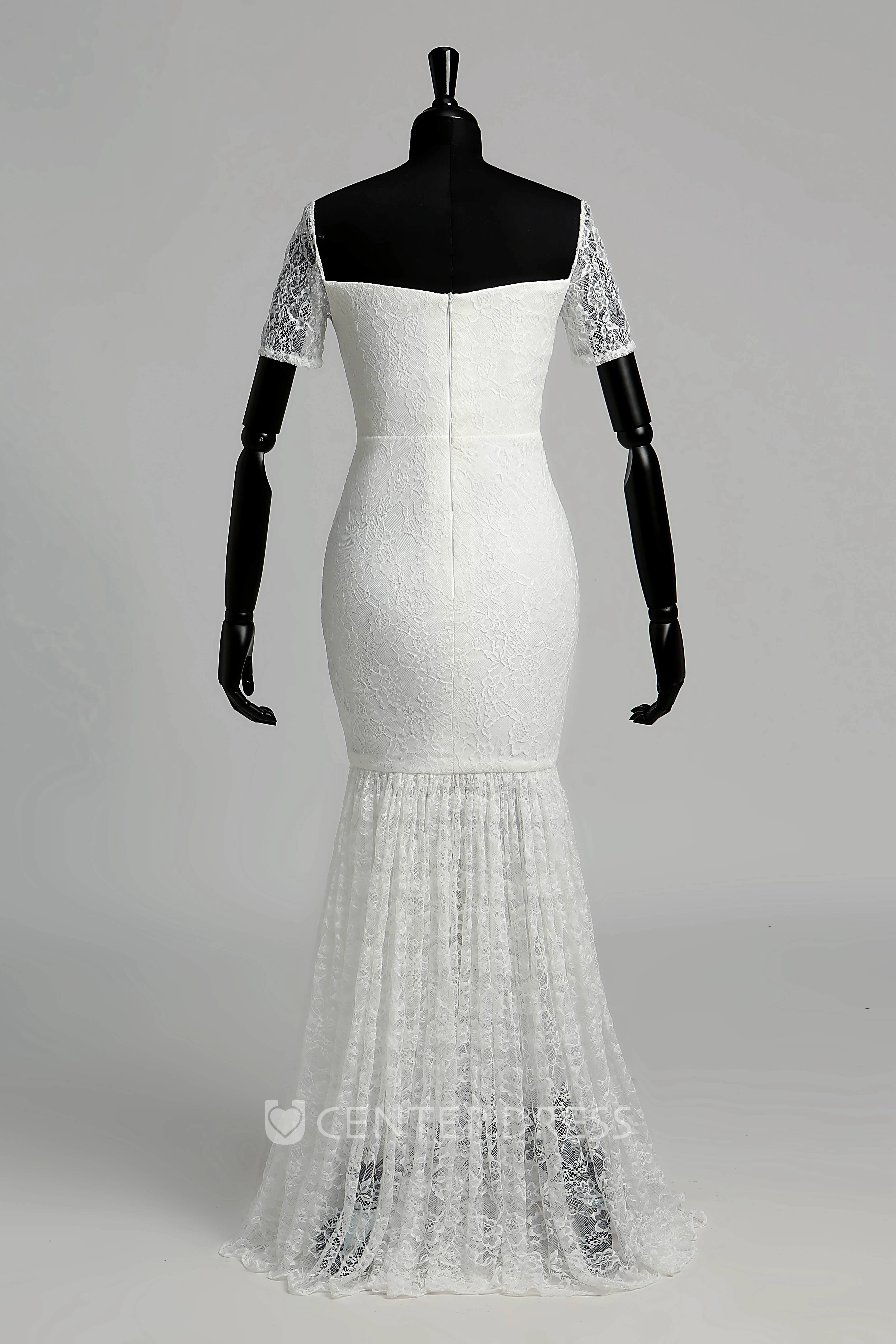 Lace Mermaid Off-the-shoulder Illusion Short Sleeve Maternity Wedding Dress with Pleats