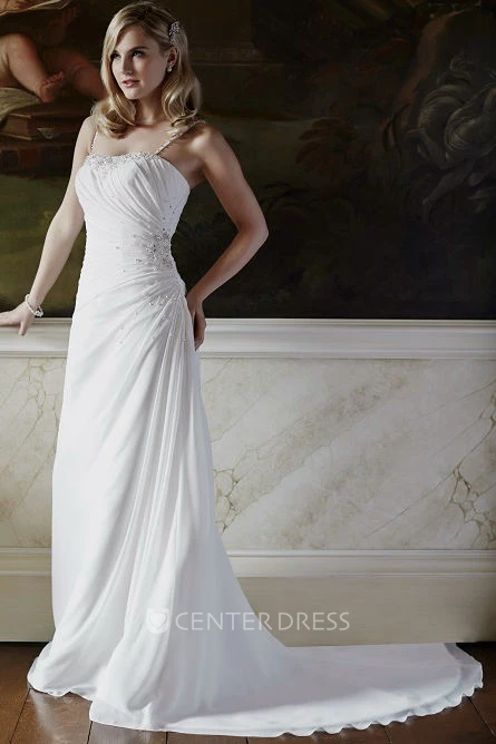 Floor-Length Spaghetti Side-Draped Chiffon Wedding Dress With Court Train