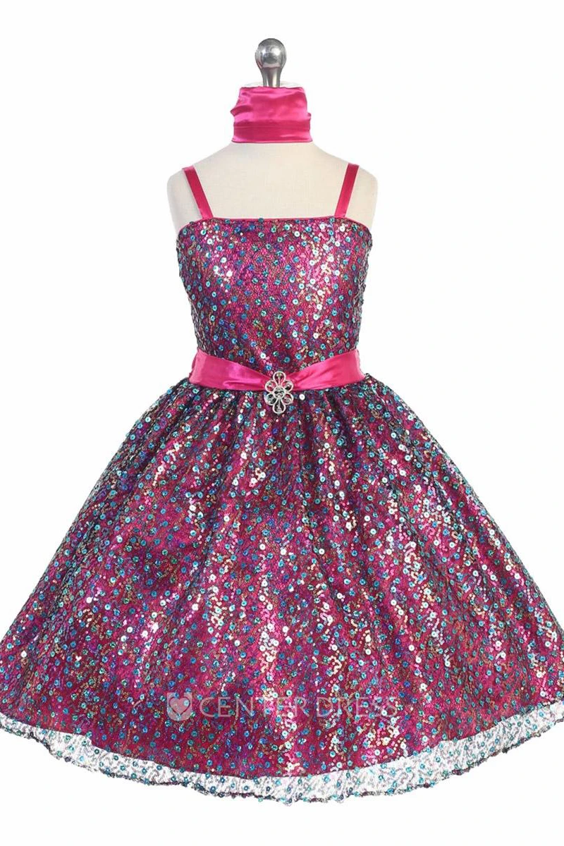 Tea-Length Cape Beaded Tiered Sequins&Satin Flower Girl Dress With Ribbon