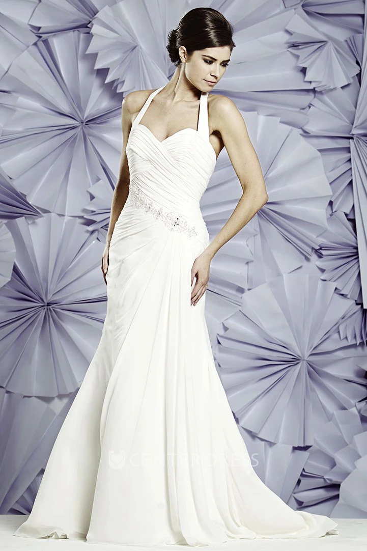 Sheath Haltered Criss-Cross Floor-Length Sleeveless Chiffon Wedding Dress With Beading