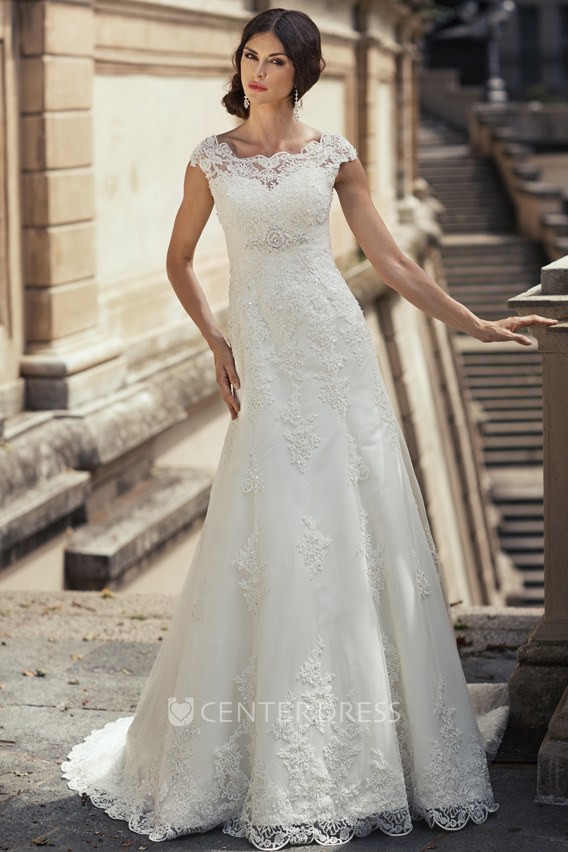 Sheath Cap Sleeve Long Appliqued Bateau Neck Lace Wedding Dress