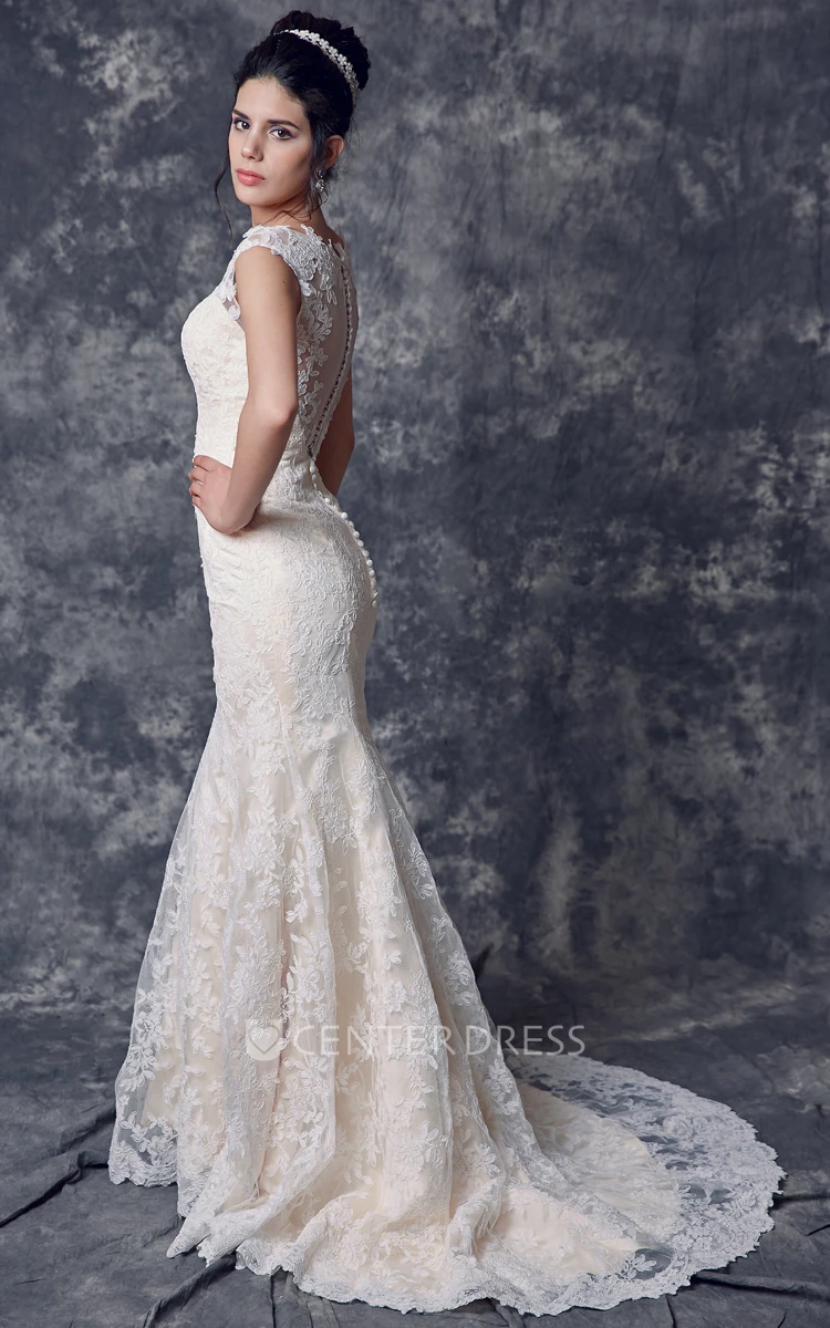 Cap Sleeve Mermaid Lace Wedding Dress with Illusion Back
