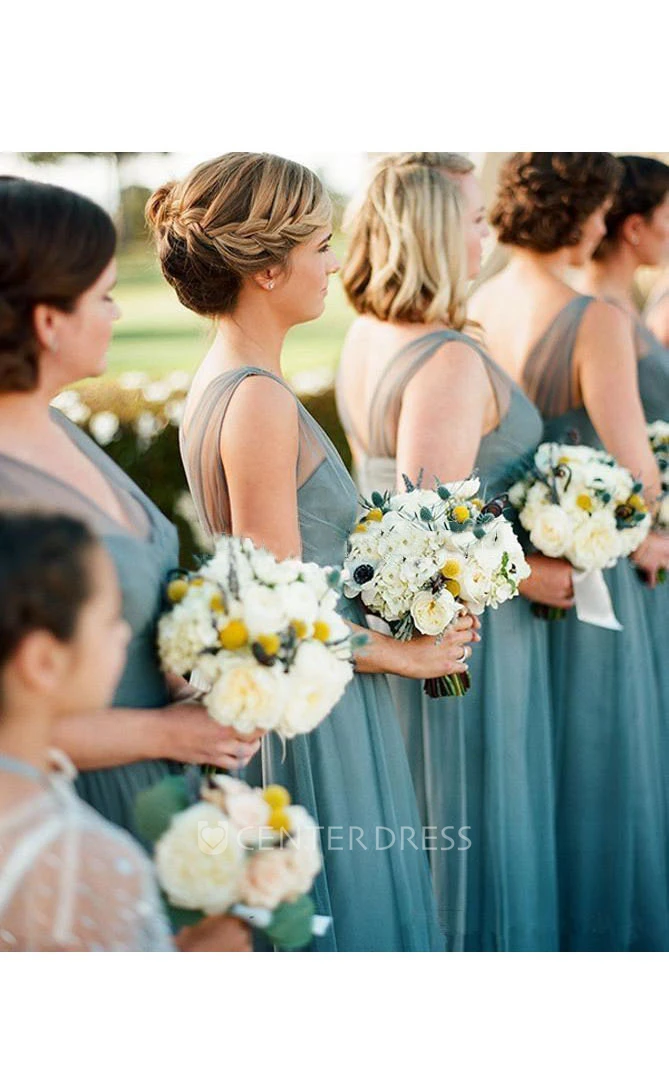 A-line Floor-length V-neck Sleeveless Pleats Tulle Dress