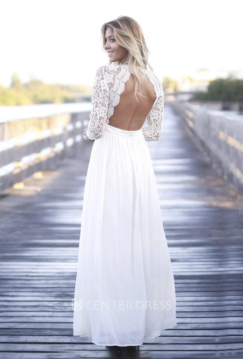 Bohemian A-line Lace Long Sleeve Open Back Scalloped Plunging Chiffon Gown