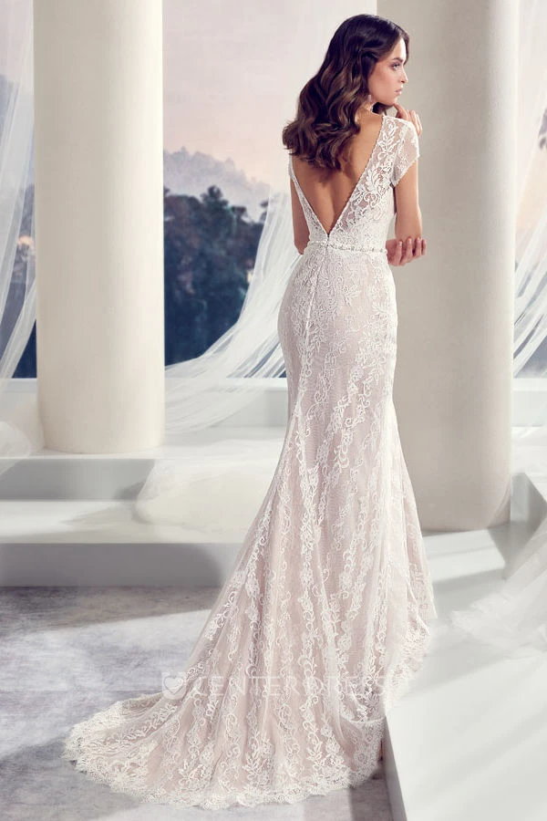 Floor-Length Scoop Jeweled Cap-Sleeve Lace Wedding Dress With Brush Train And V Back
