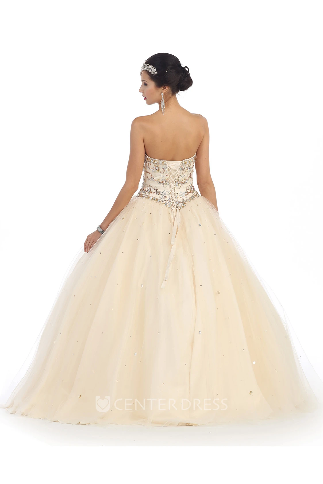 Ball Gown Long Sweetheart Tulle Satin Lace-Up Dress With Cape And Beading