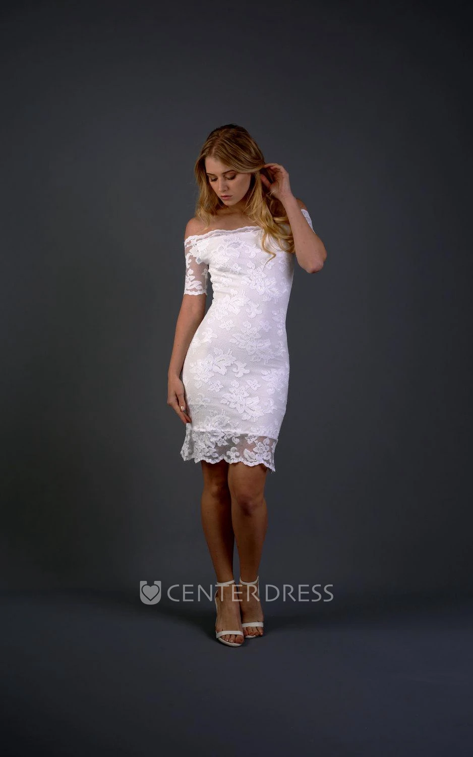 Full Lace Off-Shoulder Short Sheath Wedding Dress With Detachable Skirt
