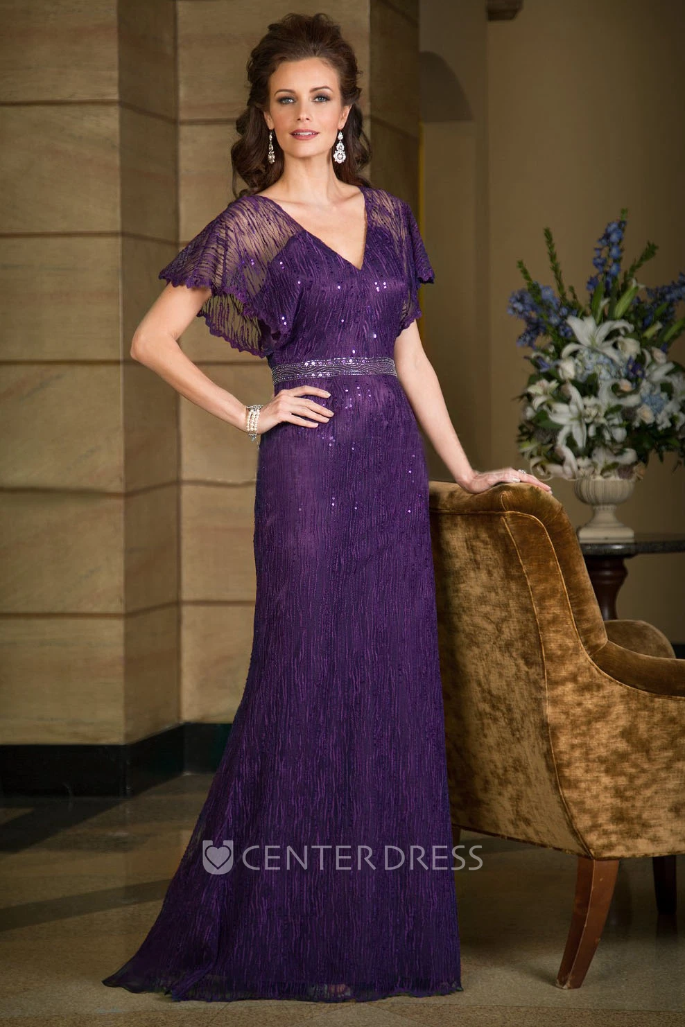 Short-Sleeved V-Neck Long Mother Of The Bride Dress With Sequins And V-Back