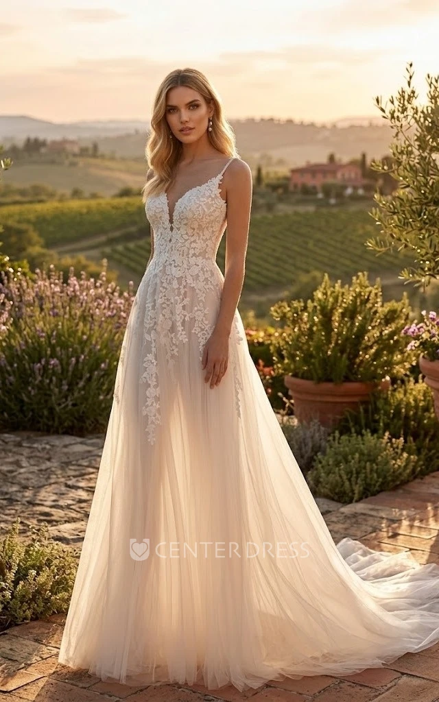 Country V-Neck Lace A-Line Sleeveless Wedding Dress Spaghetti Tulle Garden Bridal Gown with Open Back