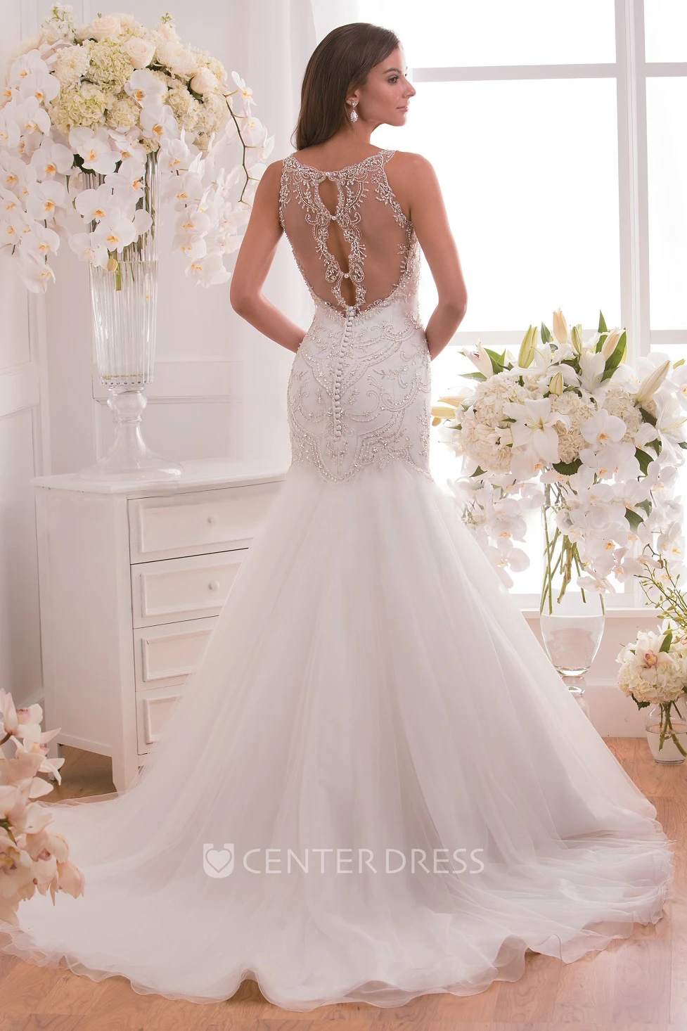 V-Neck Sleeveless Mermaid Gown With Appliques And Beadings