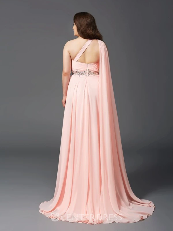 Sheath Floor-length One-shoulder Sleeveless Chiffon Waist Jewellery Pleats Straps Dress