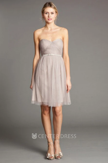 Short Sleeveless Halter Ruched Tulle Bridesmaid Dress With Broach