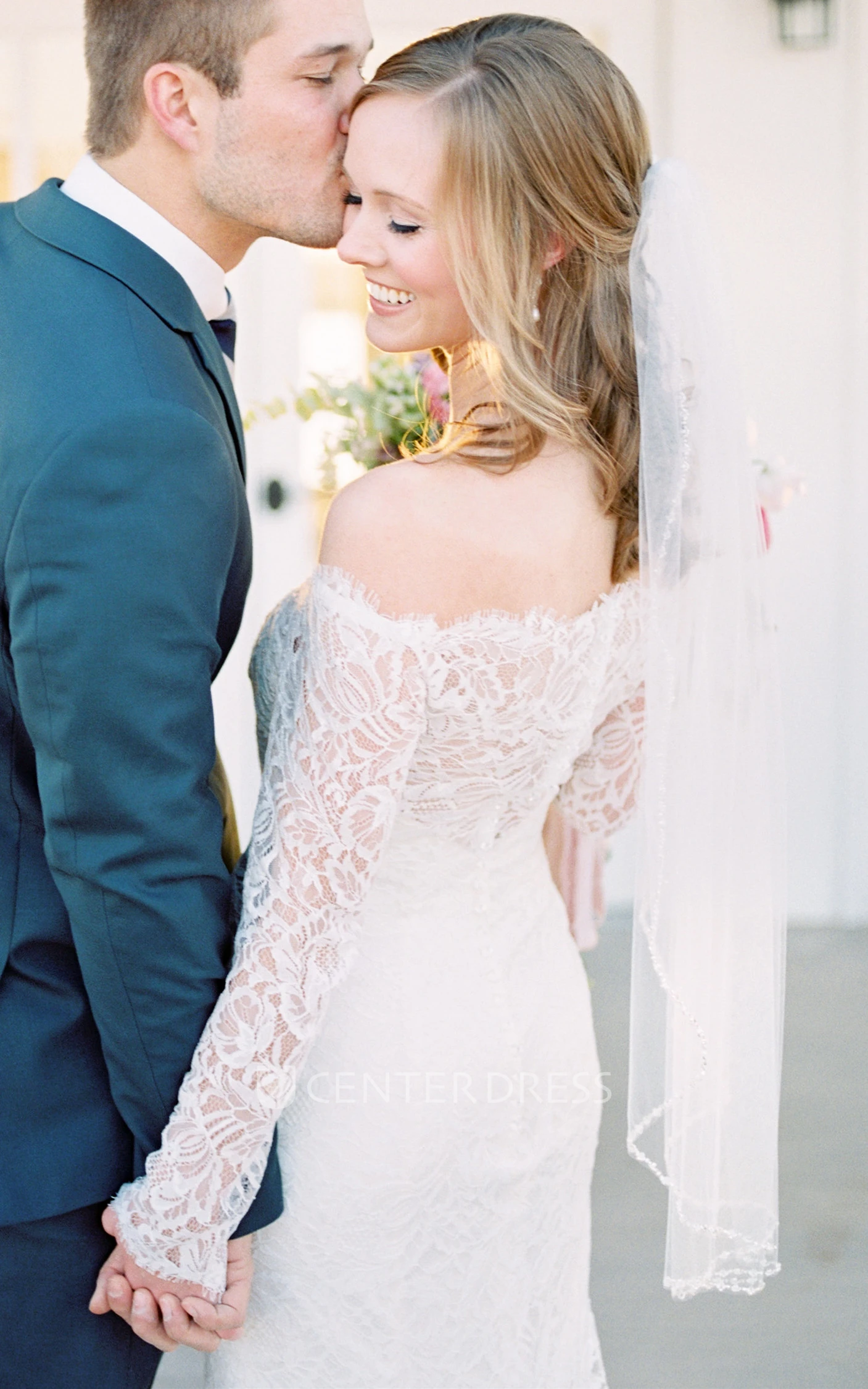Simple Sheath Off-the-shoulder Lace Sweep Train Long Sleeve Wedding Dress