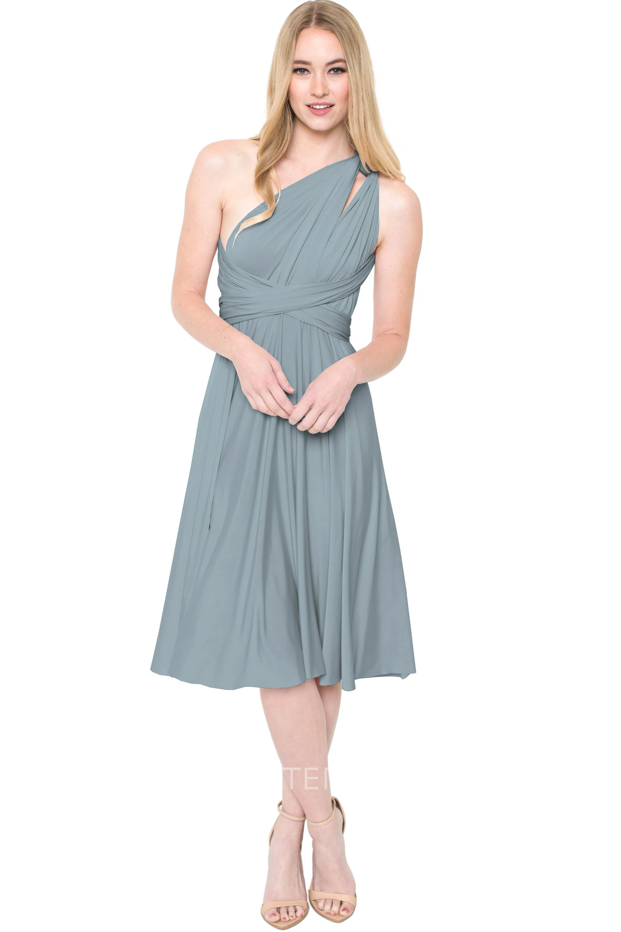 Tea-Length Sleeveless One-Shoulder Ruched Chiffon Muti-Color Convertible Bridesmaid Dress