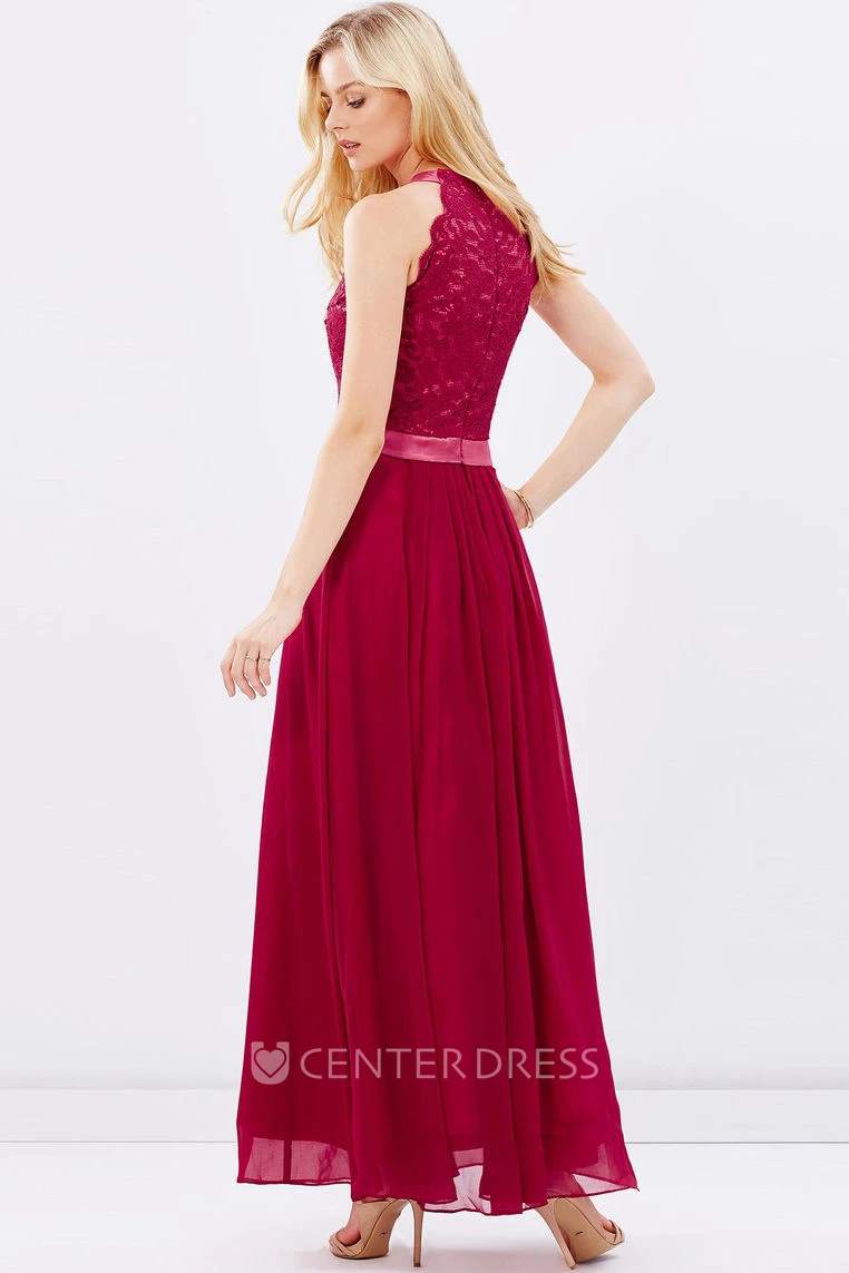 Ankle-Length Sleeveless Appliqued Scoop Neck Chiffon Bridesmaid Dress