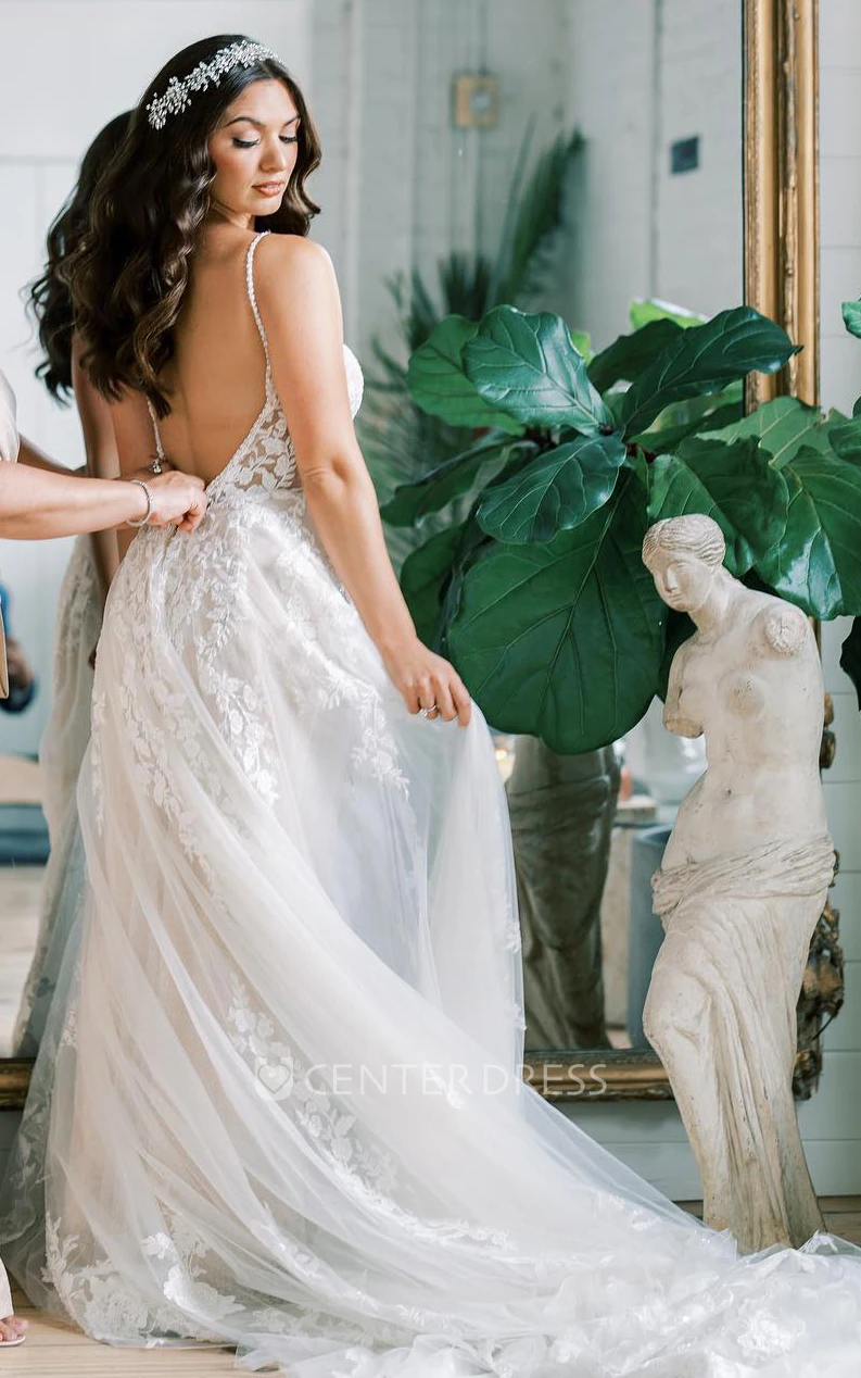 A-Line Spaghetti V-neck Wedding Dress Sexy Deep-V Back Lace Appliques Garden Bridal Gown
