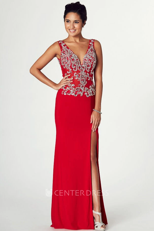 Maxi Appliqued Sleeveless V-Neck Jersey Prom Dress With Split Front