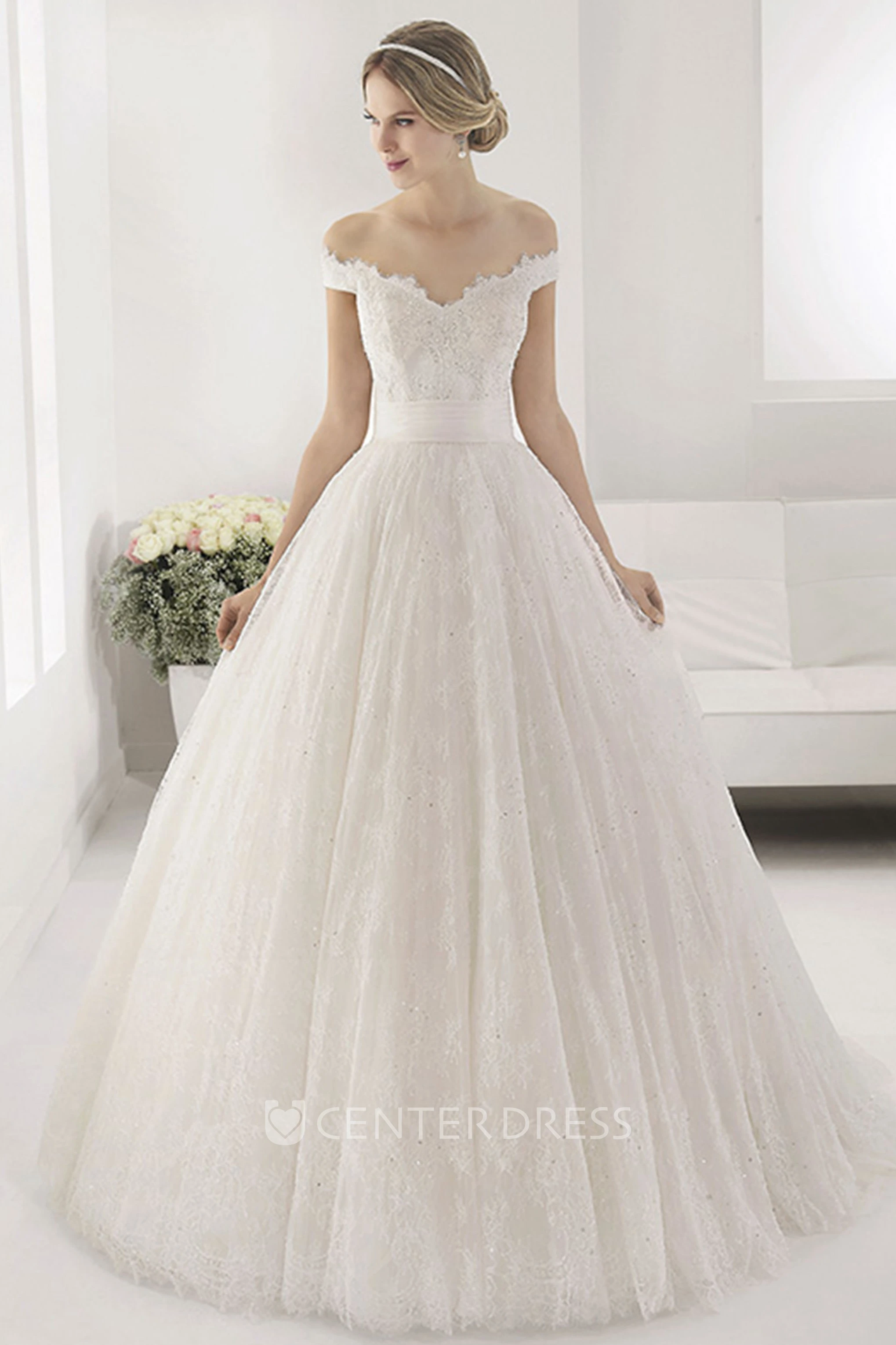 Off Shoulder Sequined Lace Ball Gown With Bandage Back Flower