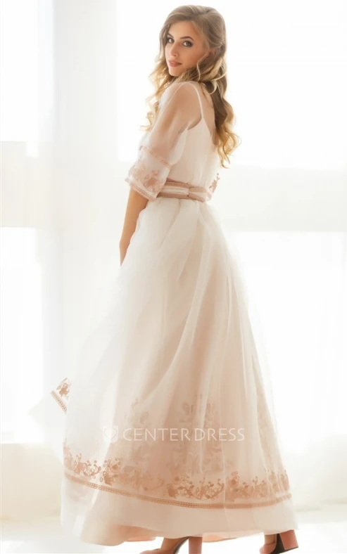 A Line Charming Bateau Neck Ankle-length Prom Dress with Sash