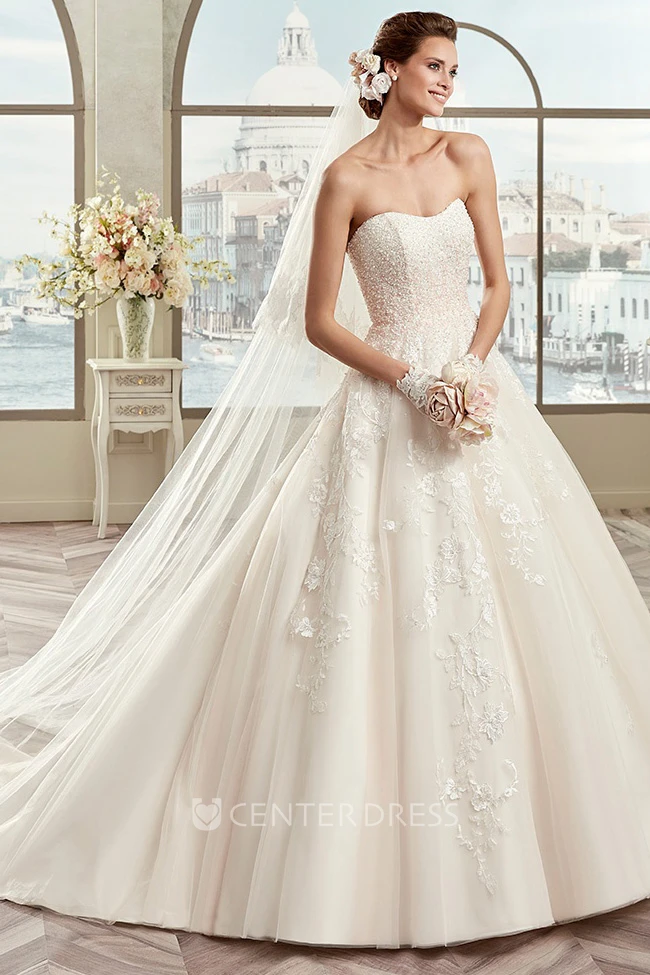 Sweetheart A-Line Beaded Bridal Gown With Floral Appliques And Open Back