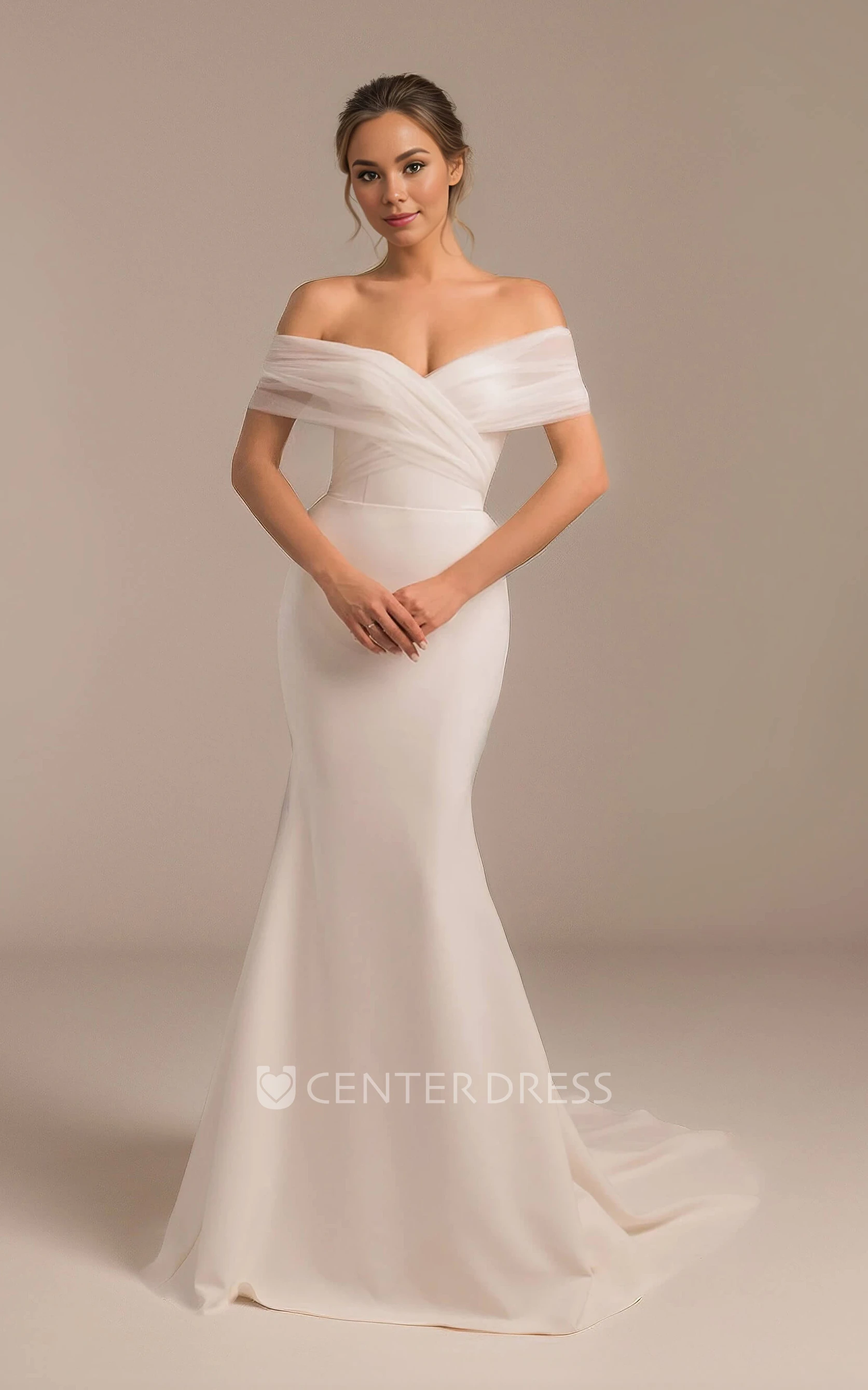Floor-length Sexy Mermaid Off-the-shoulder Elegant Vow Renewal Wedding Dress with V Back Bows Train