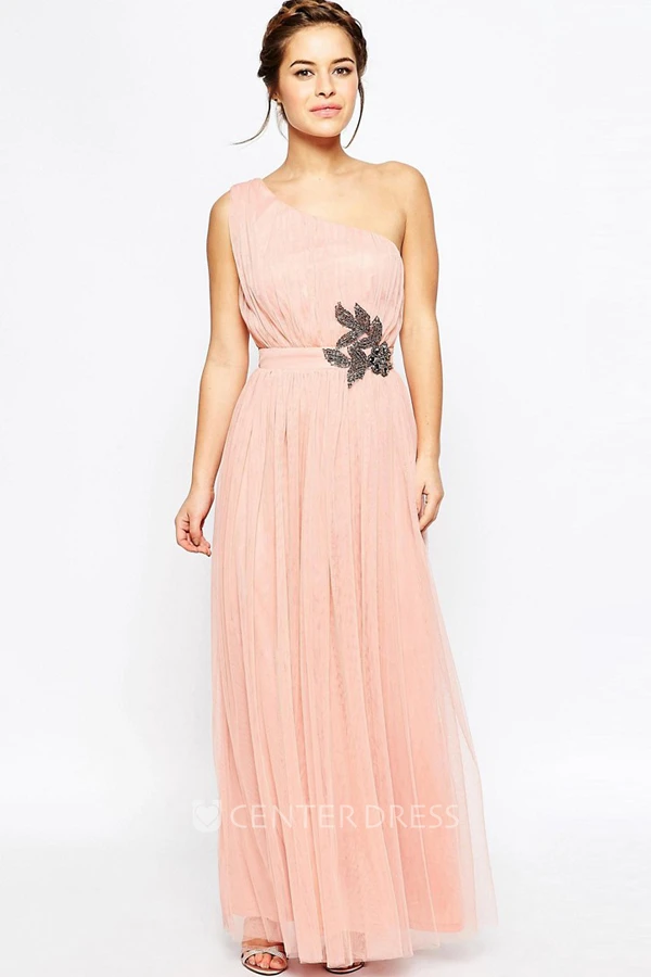 One-Shoulder Sleeveless Crystal Tulle Bridesmaid Dress With Pleats