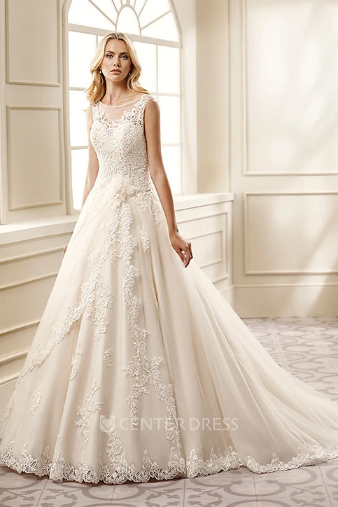 A-Line Scoop-Neck Floor-Length Appliqued Sleeveless Lace Wedding Dress With Flower And Pleats