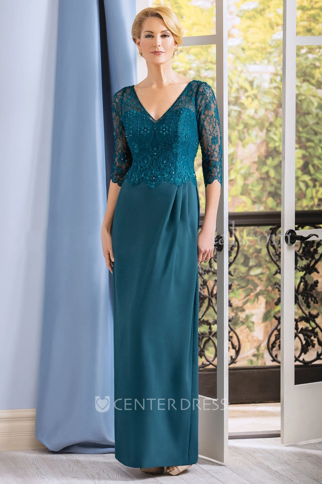 3-4 Sleeved V-Neck Long Mother Of The Bride Dress With Lace Bodice And V-Back