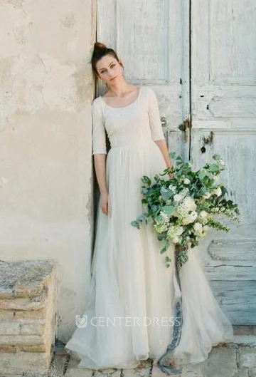 A Line Scoop Lace Tulle Zipper Wedding Gown