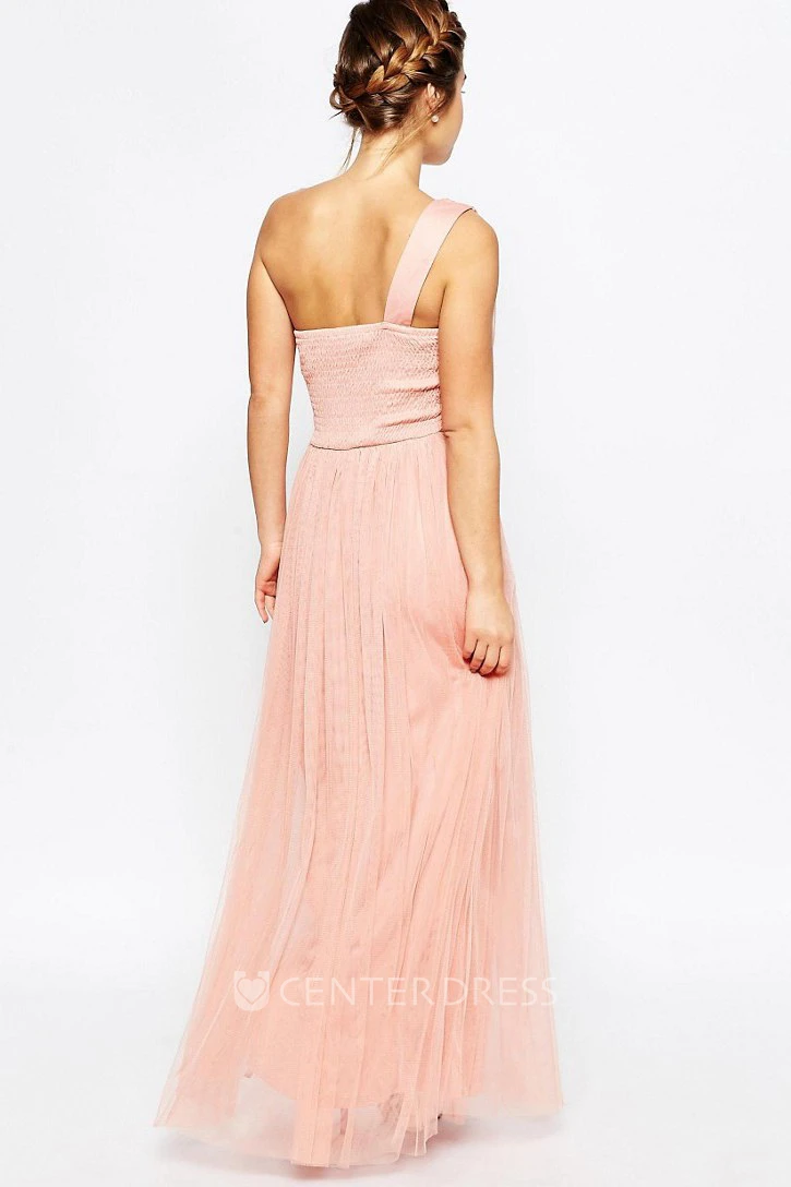 One-Shoulder Sleeveless Crystal Tulle Bridesmaid Dress With Pleats