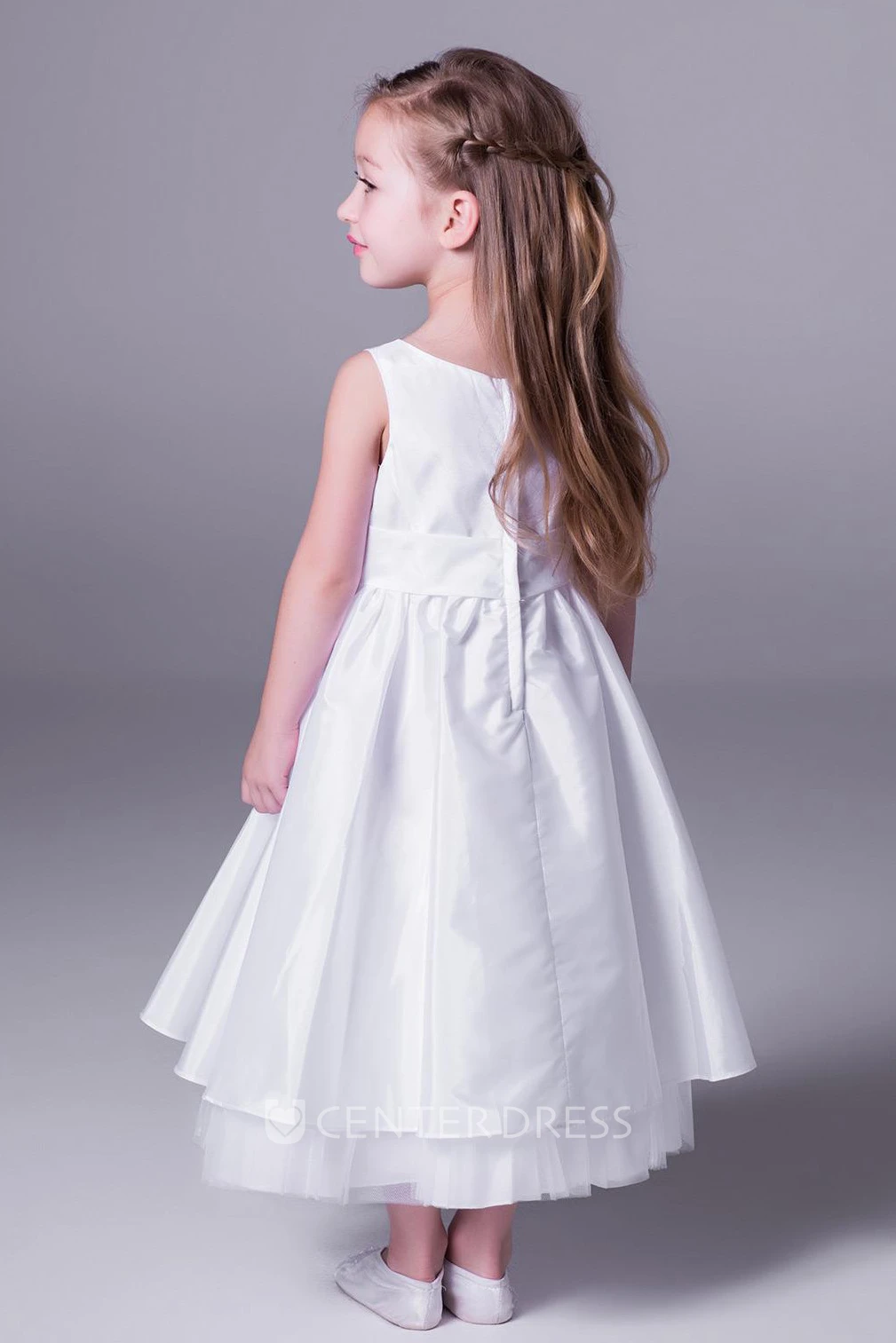 A-Line Sleeveless Scoop-Neck Ankle-Length Satin&Tulle Flower Girl Dress