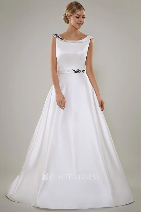 A-Line Sleeveless Scoop Floor-Length Beaded Satin Wedding Dress With Deep-V Back And Sweep Train