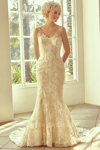 Long V-Neck Appliqued Lace Spring Wedding Dress With Sweep Train And V Back