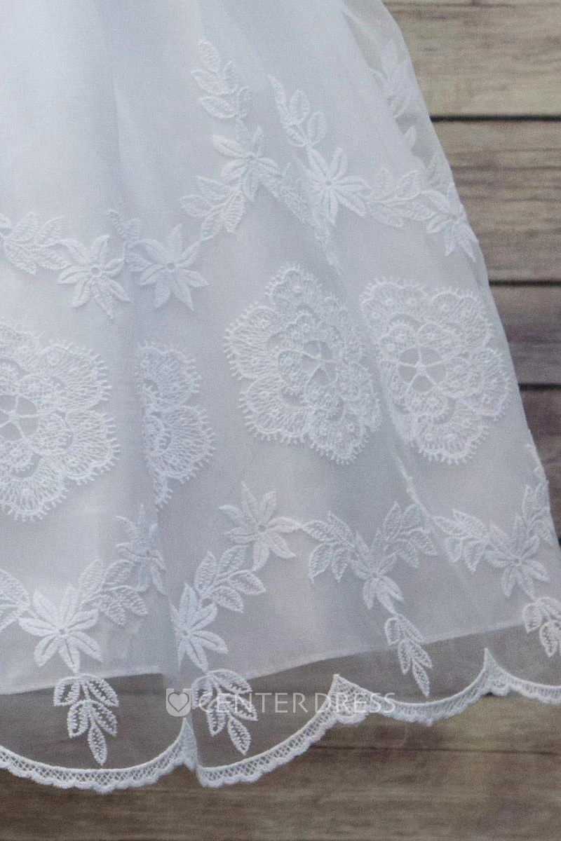 Floral Tea-Length Tiered Organza&Satin Flower Girl Dress With Embroidery