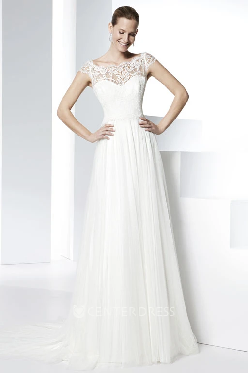 Floor-Length Scoop Appliqued Tulle Wedding Dress With Brush Train And Illusion