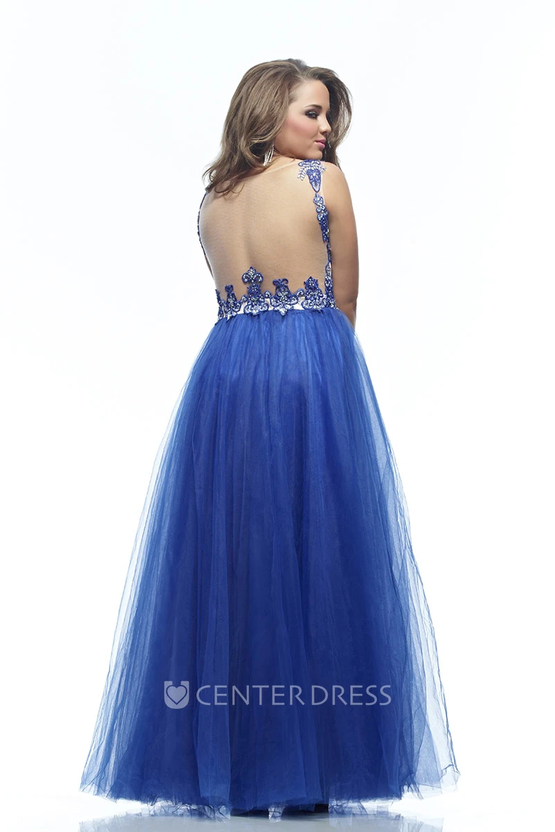 A-line Floor-length Scoop Sleeveless Tulle Appliques Pleats Illusion Dress