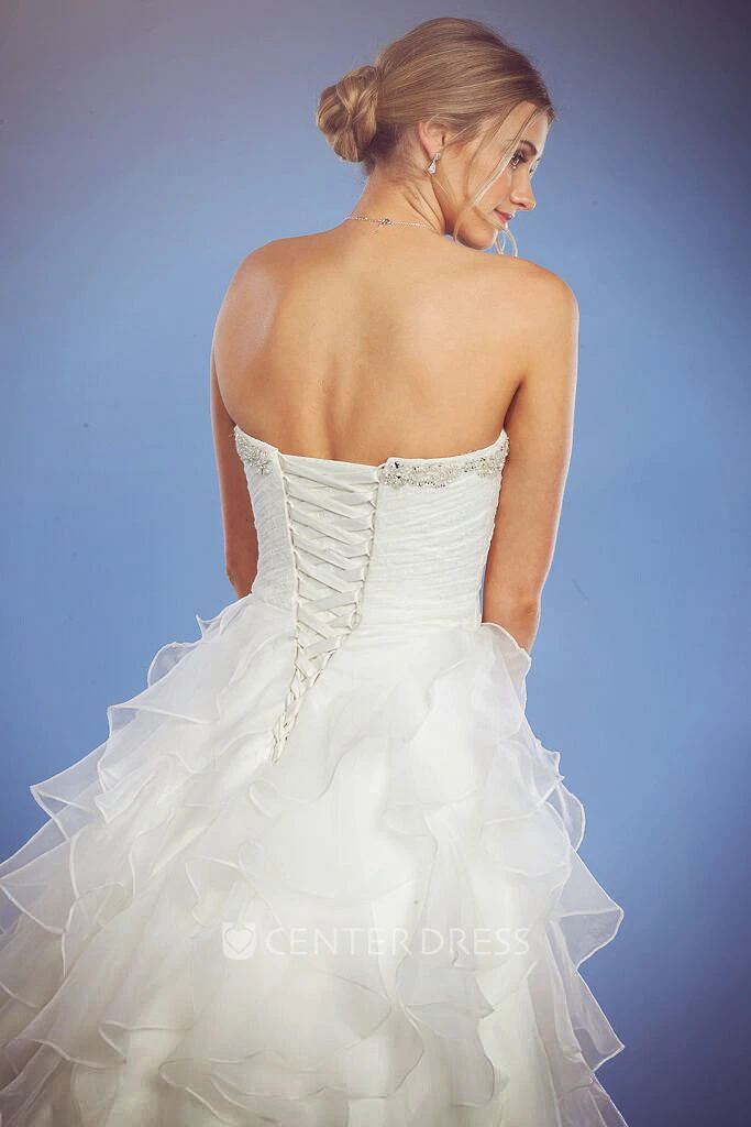 Long Sweetheart Criss-Cross Jeweled Organza Wedding Dress