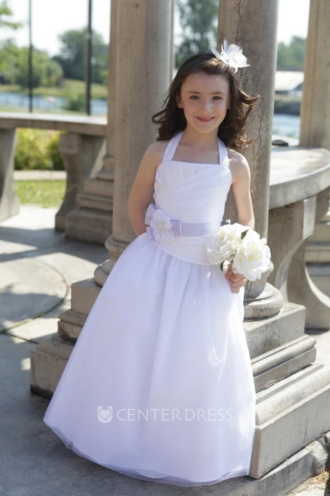 Flower Girl Halter A-line Tulle Long Dress With Flower Satin Sash