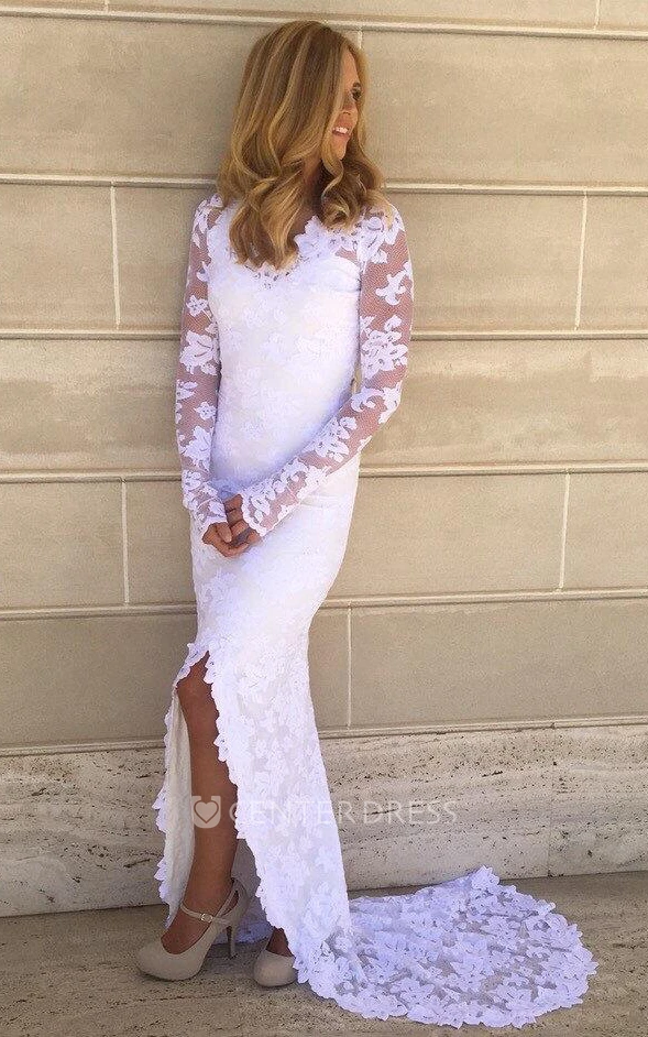 Long Sleeve Chapel Train Lace Dress With Appliques Flower