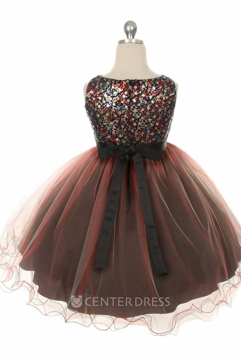Tea-Length Pleated Tiered Sequins&Satin Flower Girl Dress
