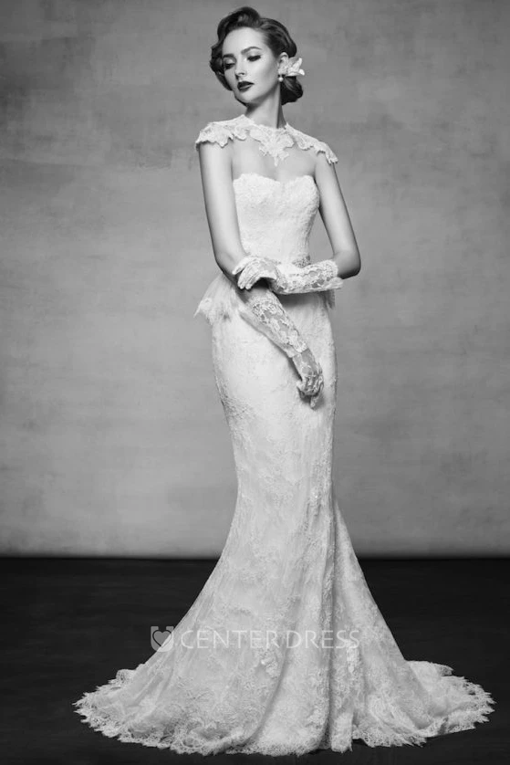 Maxi High Neck Appliqued Cap-Sleeve Lace Wedding Dress With Peplum