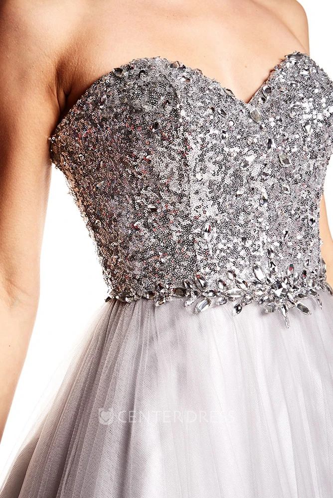 A-Line Floor-Length Sweetheart Sleeveless Sequins&Tulle Prom Dress