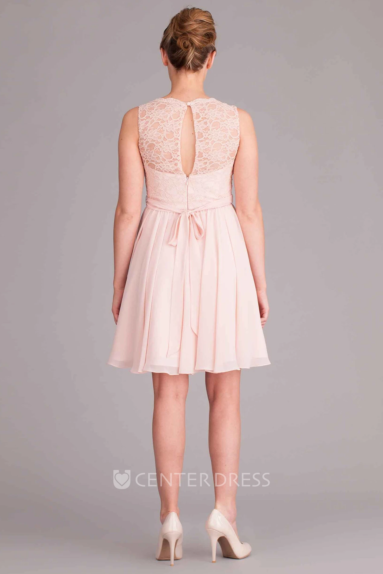 Mini V-Neck Lace Sleeveless Chiffon Bridesmaid Dress With Pleats